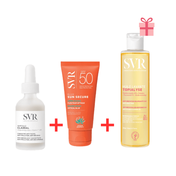 SVR Pack Ampoule Clairial 30ML+ECRAN Blur Inv SPF50+ 50ML+ Topialyse Huile Lavante 200ML Gratuit