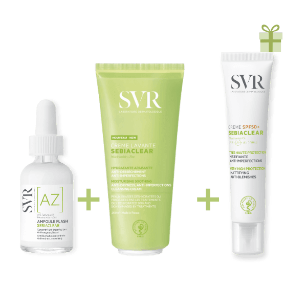 SVR Coff Sebiaclear Creme Lavante 200ML+AMPOULE Flash Az 30ML+ Sebiaclear Ecran Spf50+gratuit