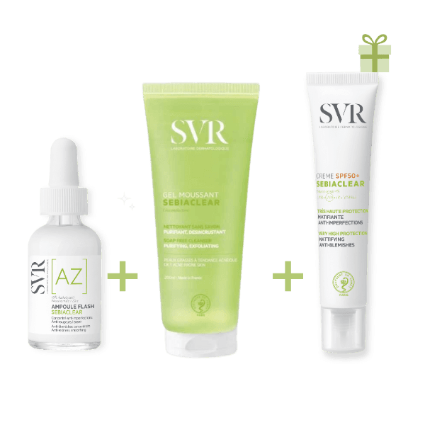 SVR Coff Sebiaclear GEL Moussant 200ML+AMPOULE Flash Az 30ML+ Sebiaclear Ecran SPF50+ Gratuit