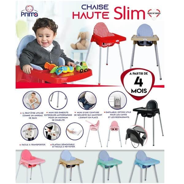 Prima Baby Chaise Haute Slim Gris Clair Avec Coussin Rose