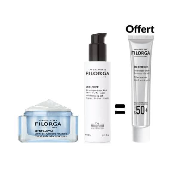 Filorga Pack Hydra Hyal GEL Creme + Skin Prep GEL Nettoyant Aux Aha + UV Defence Spf50+ (offert)