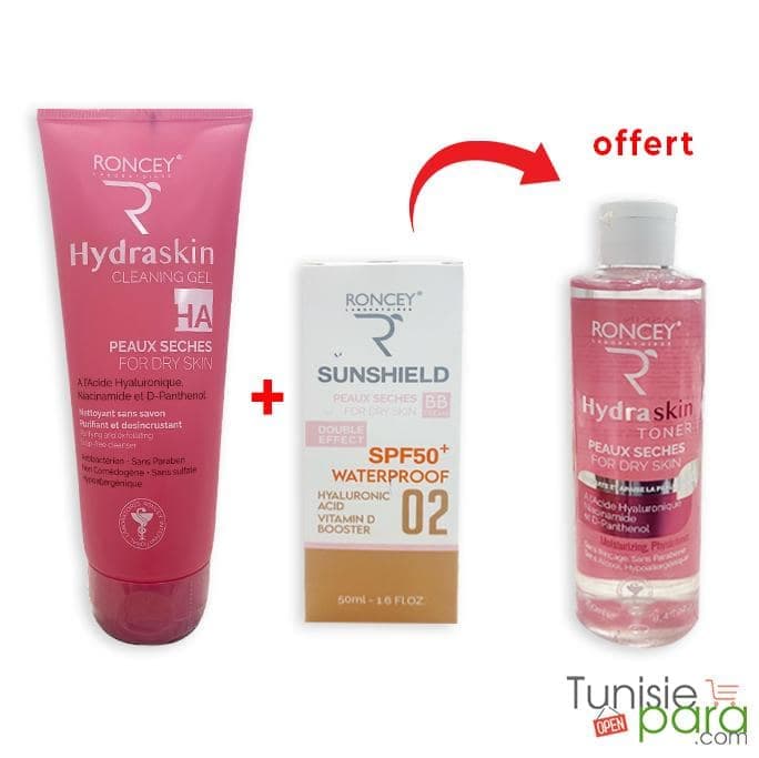 Roncey Pack Hydraskin GEL Nettoyant + Sunshield Waterproof Peau Seche Spf50+ Teinte 02 + Hydraskin Lotion Tonique (offert)