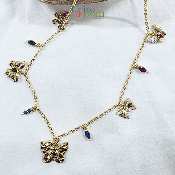 Collier Multi-breloques Papillons En Acier Inoxydable – Cristaux Multicolores Et Dore
