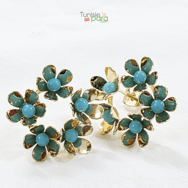 Boucles D Oreilles Grappe De Fleurs Emaillees Turquoise Et Perles, Plaque Or