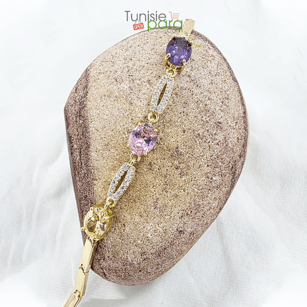 Bracelet De Luxe En Acier Inoxydable Dore – Pierres Ovales Multicolores Et Pavage Cristaux
