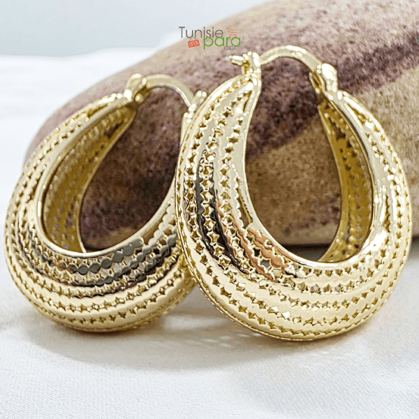Boucles D Oreilles Creoles Panier En Acier Inoxydable Dore – Texture Ciselee Diamantee