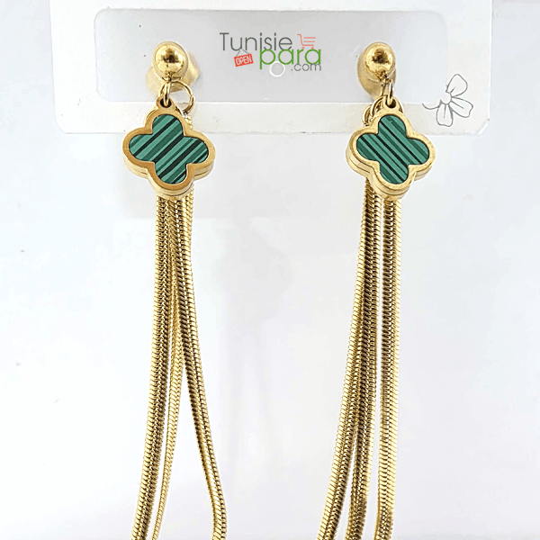 Boucles D Oreilles Cascade Malachite – Trefles Verts Et Chaines Serpent En Acier Inoxydable