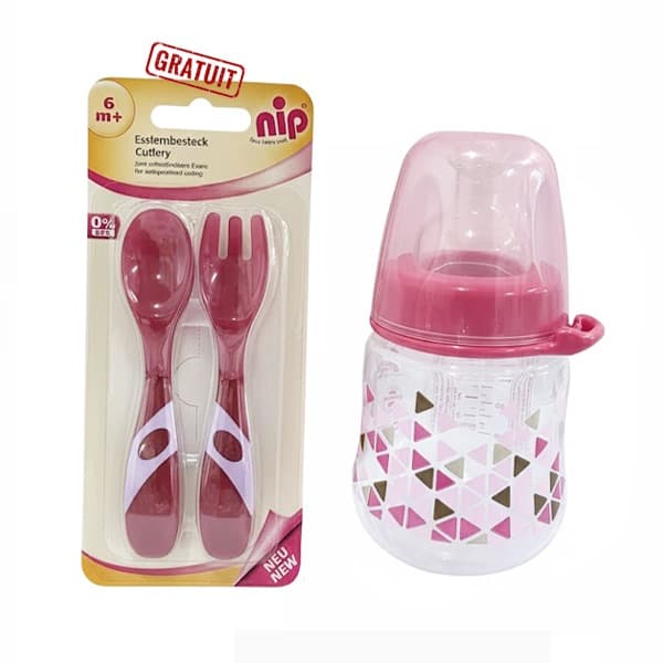 Nip Biberon Large Col Anti-colique 150ml Rose 0 M+ Avec Couverts 6m+ Offert