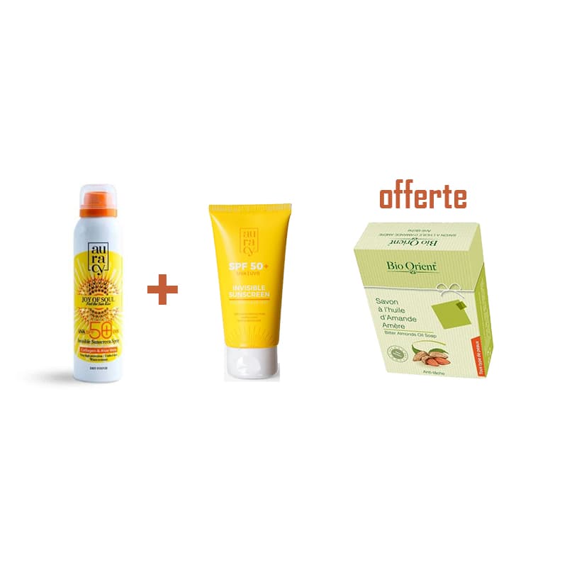 Pack Auracy: Auracy Ecran Invisible Spray 150ml + Auracy Ecran Invisible 50gr + Bio Orient Savon A L’huile D’amande Amere