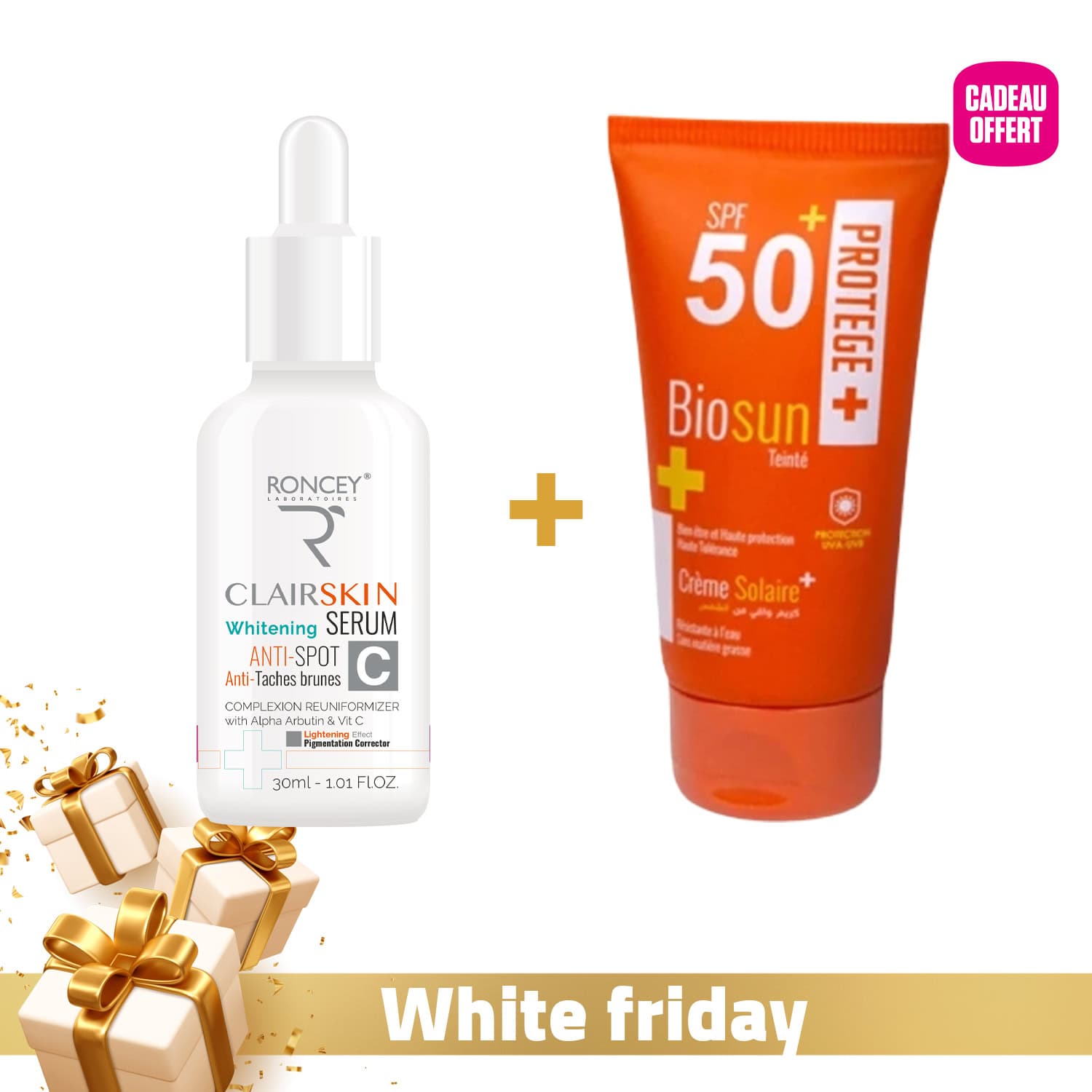 Roncey Clairskin Serum Eclaircissant Anti-taches 30ml+ Biosun Ecran Teinte Spf50+ 50ml Offert