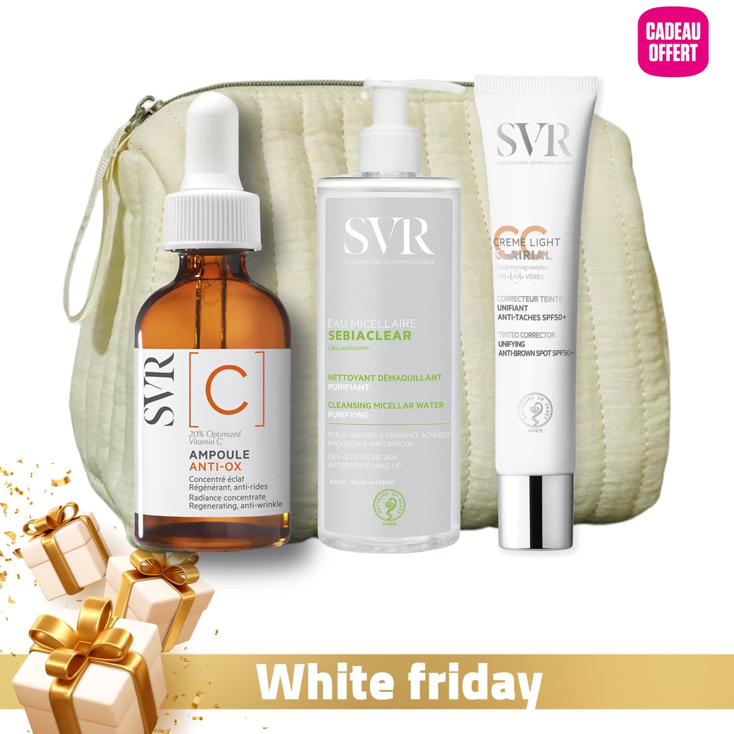 Routine Nadine – SVR Sebiaclear Eau Micellaire 400ml + SVR Ampoule C Anti-ox 30ml + (svr Clairial CC Creme Light Spf50+ 40ml + Trousse) Offerts