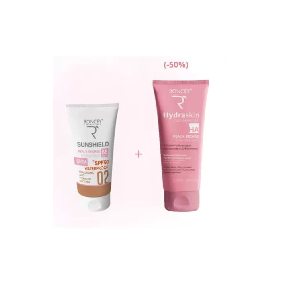 Roncey Coffret Sunshield 02 SPF 50+ Waterproof 50ml+Hydraskin HA GEL Peaux Seches 200ml (-50%)