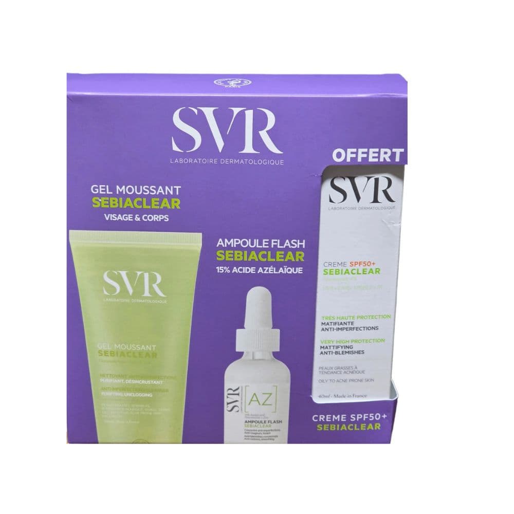 SVR Coffret Sebiaclear GEL Moussant 200ml+Ampoule Az Flash Anti Imperfections 30ml+Creme Solaire Matifiante Spf50 40ml (offert)
