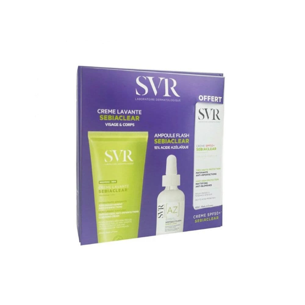 SVR Coffret Sebiaclear Creme Lavante 200ML+AMPOULE Az Flash Anti Imperfections 30ML+CREME Solaire Matifiante Spf50 40ML (offert)