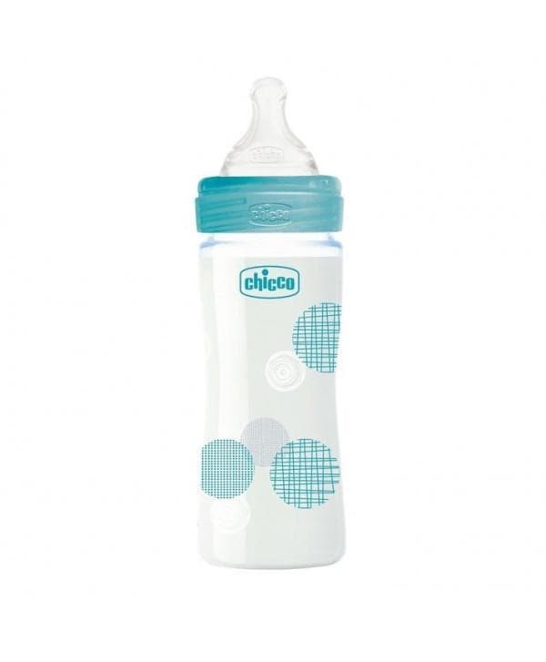 Chicco Biberon Well Being En Verre 240 ML Bleu 0m+