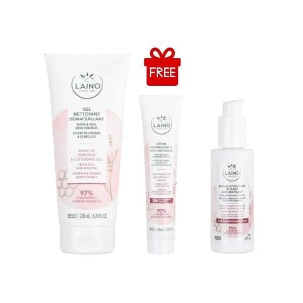 Laino GEL Nettoyant Demaquillant 200ml + Serum Anti-oxydant + GEL Creme Nourrissante Gratuit