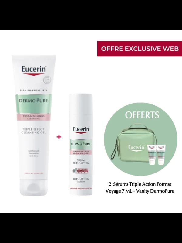 Eucerin Pack Dermopure Marque Post Acne : GEL Triple Action + Serum + Trousse Et 2 Serum Triple Action 7ML Offerts