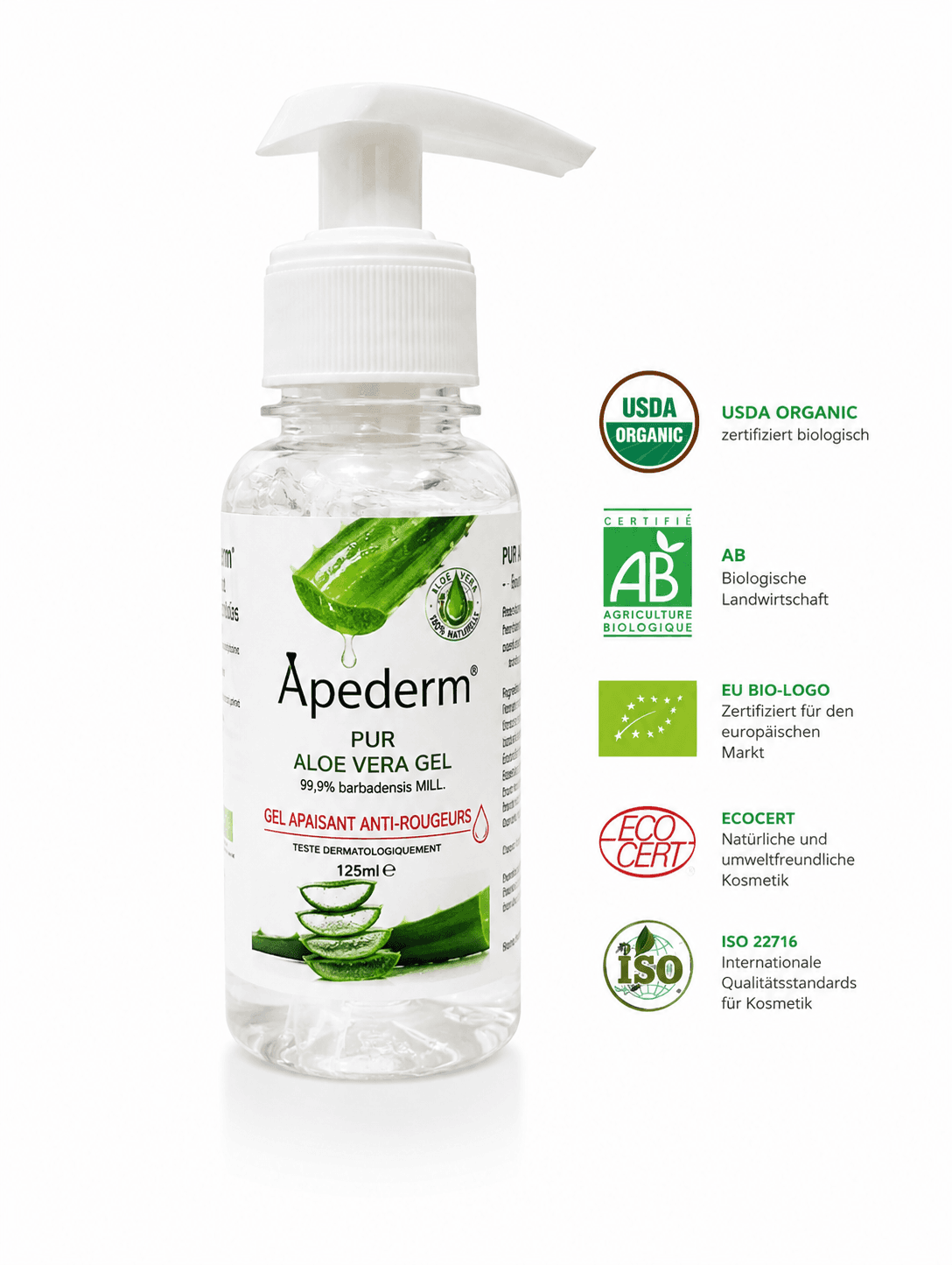 Apederm® GEL Apaisant Anti-rougeurs A L Aloe Vera Bio 99,9% – Visage, Corps Cheveux – 125 ML
