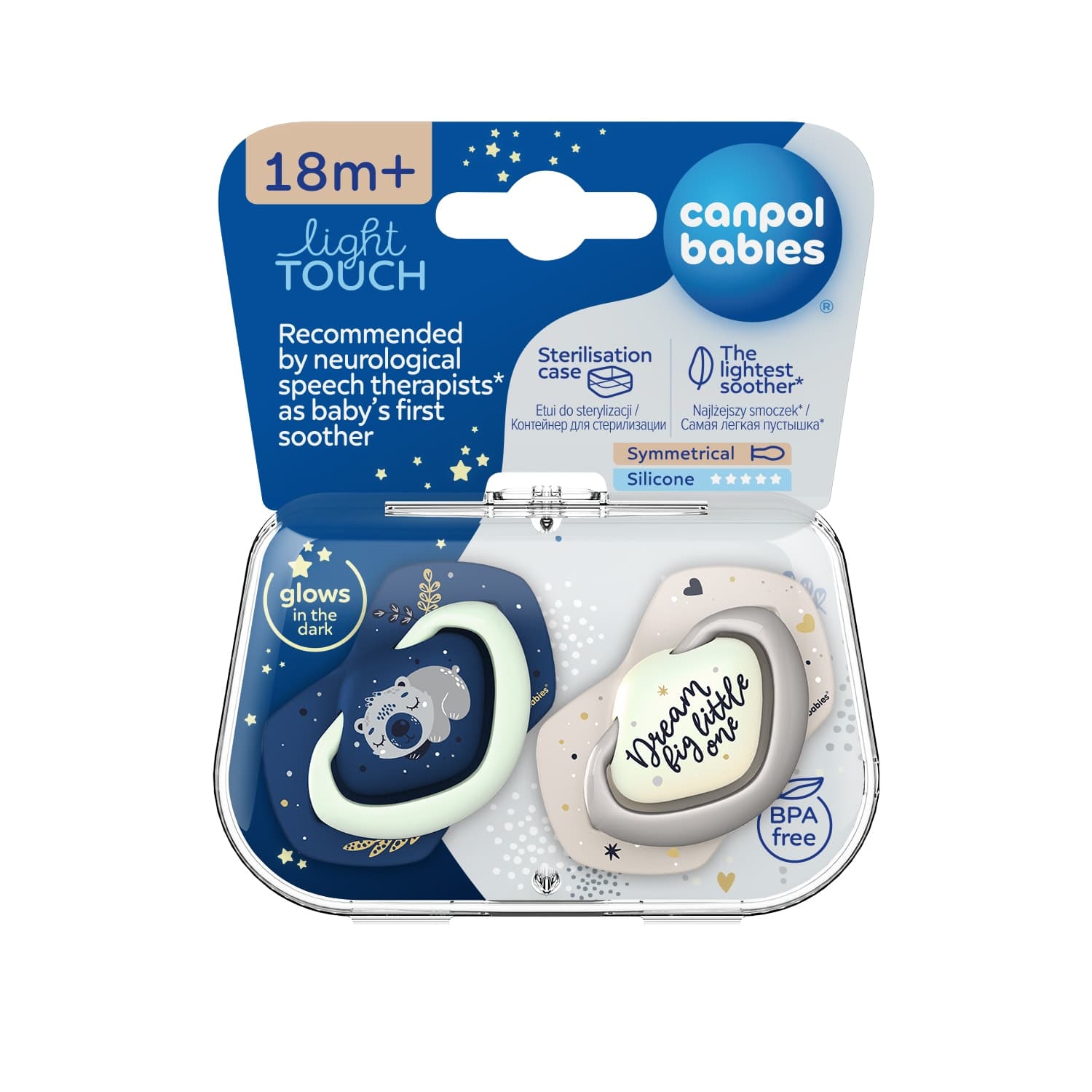 Canpol 2 Sucettes Light Touch 18m+ Symetrique Brille Dans Le Noir Sleepy Koala 22/660