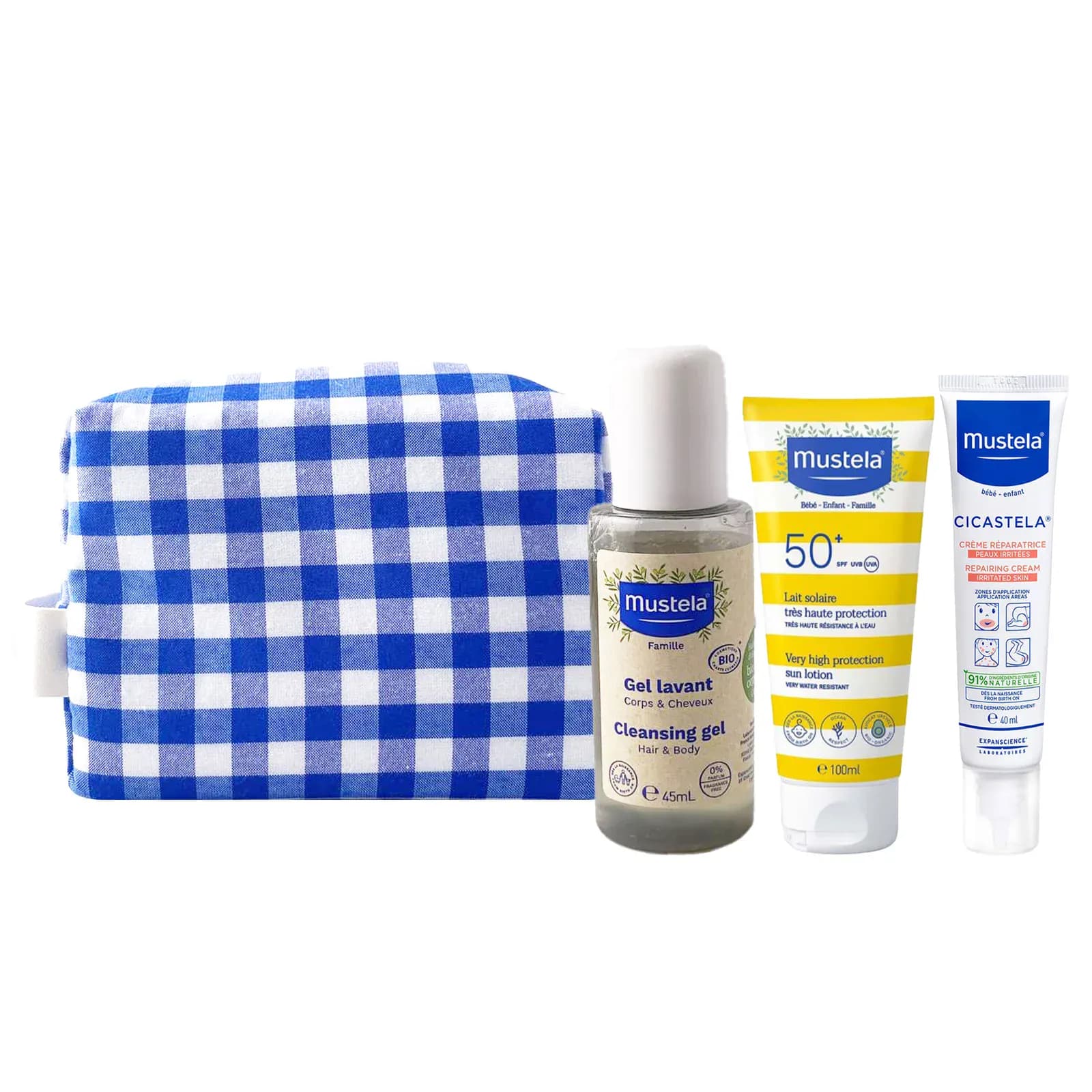 Mustela Trousse Bleu Solaire Lait Tres Haute Protection 100ml + Creme Reparatrice Cicastela 40ml + GEL Lavant Bio 45ml Offert + Trousse