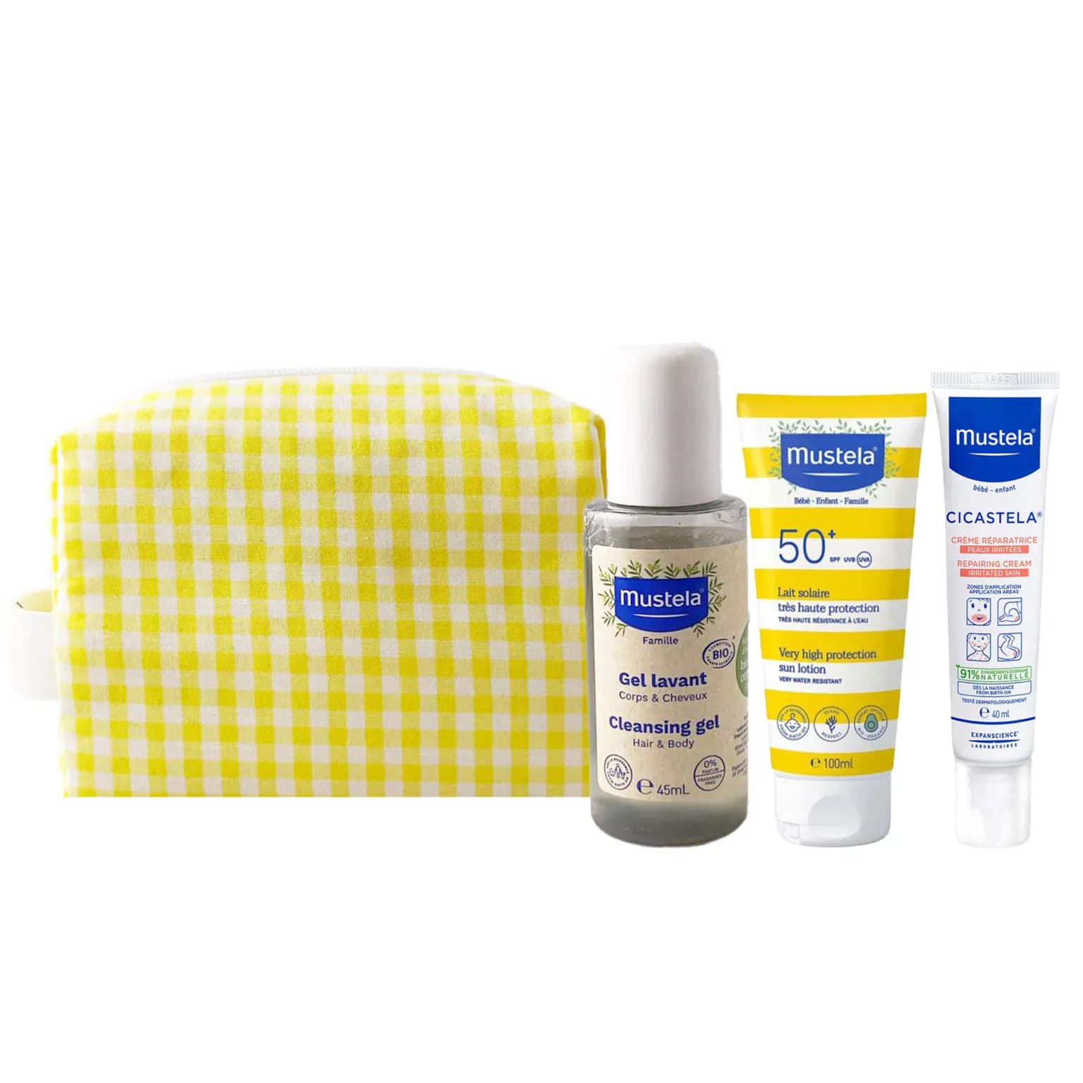 Mustela Trousse Jaune Solaire Lait Tres Haute Protection 100ml + Creme Reparatrice Cicastela 40ml + GEL Lavant Bio 45ml Offert + Trousse