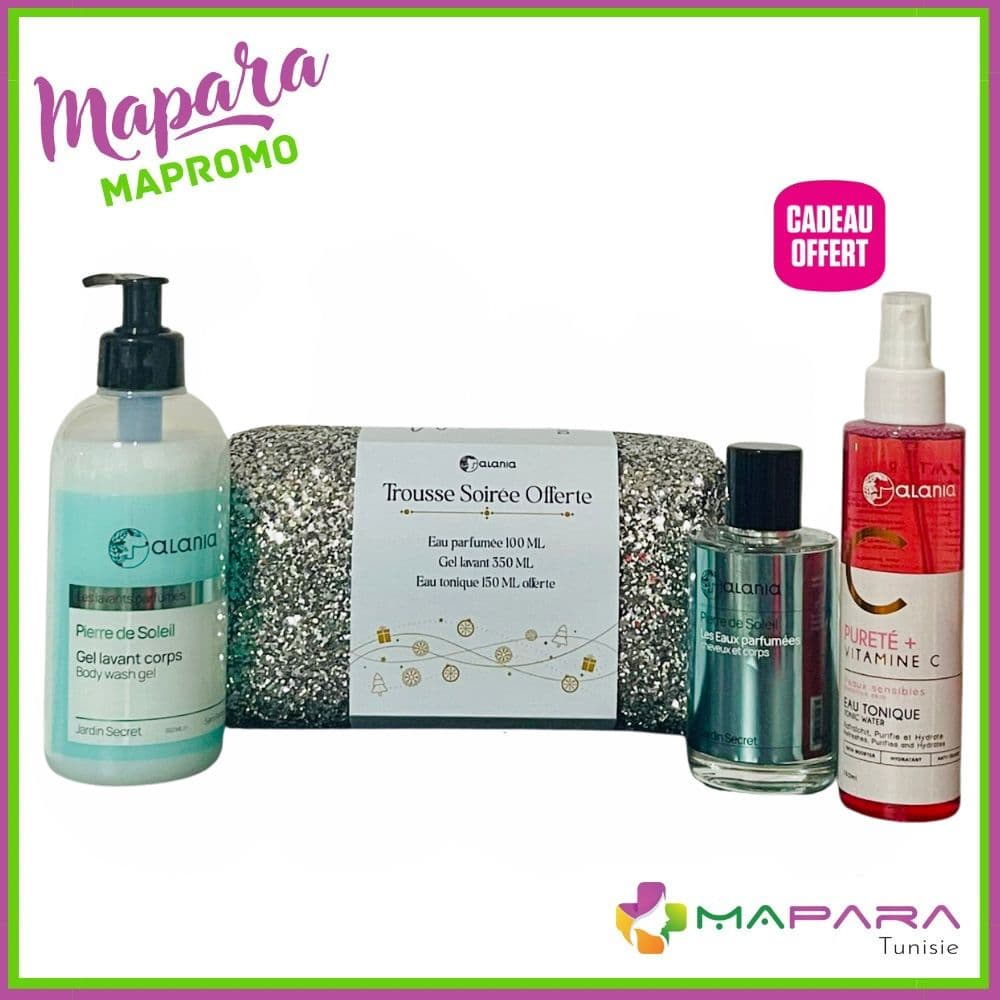 Coffret Alania Pierre De Soleil – GEL Lavant Corps 350ml + Eau Parfumee Cheveux Corps 100ml + Purete+ Vitamine C Eau Tonique 150ml Offerte + Trousse Offerte