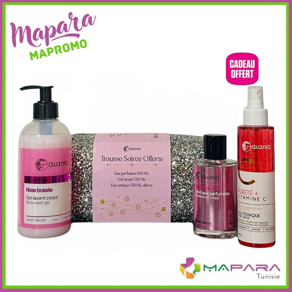 Coffret Alania Rose Boisee – GEL Lavant Corps 350ml + Eau Parfumee Cheveux & Corps 100ml + Purete+ Vitamine C Eau Tonique 150ml Offerte + Trousse Offerte