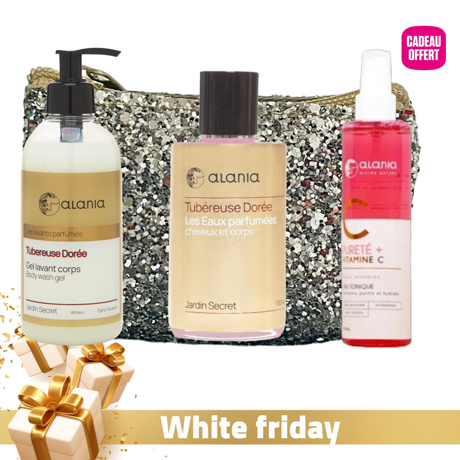 Alania Tubereuse Doree – GEL Lavant Corps 350ml + Eau Parfumee Cheveux & Corps 100ml + Purete+ Vitamine C Eau Tonique 150ml Offerte + Trousse Offerte