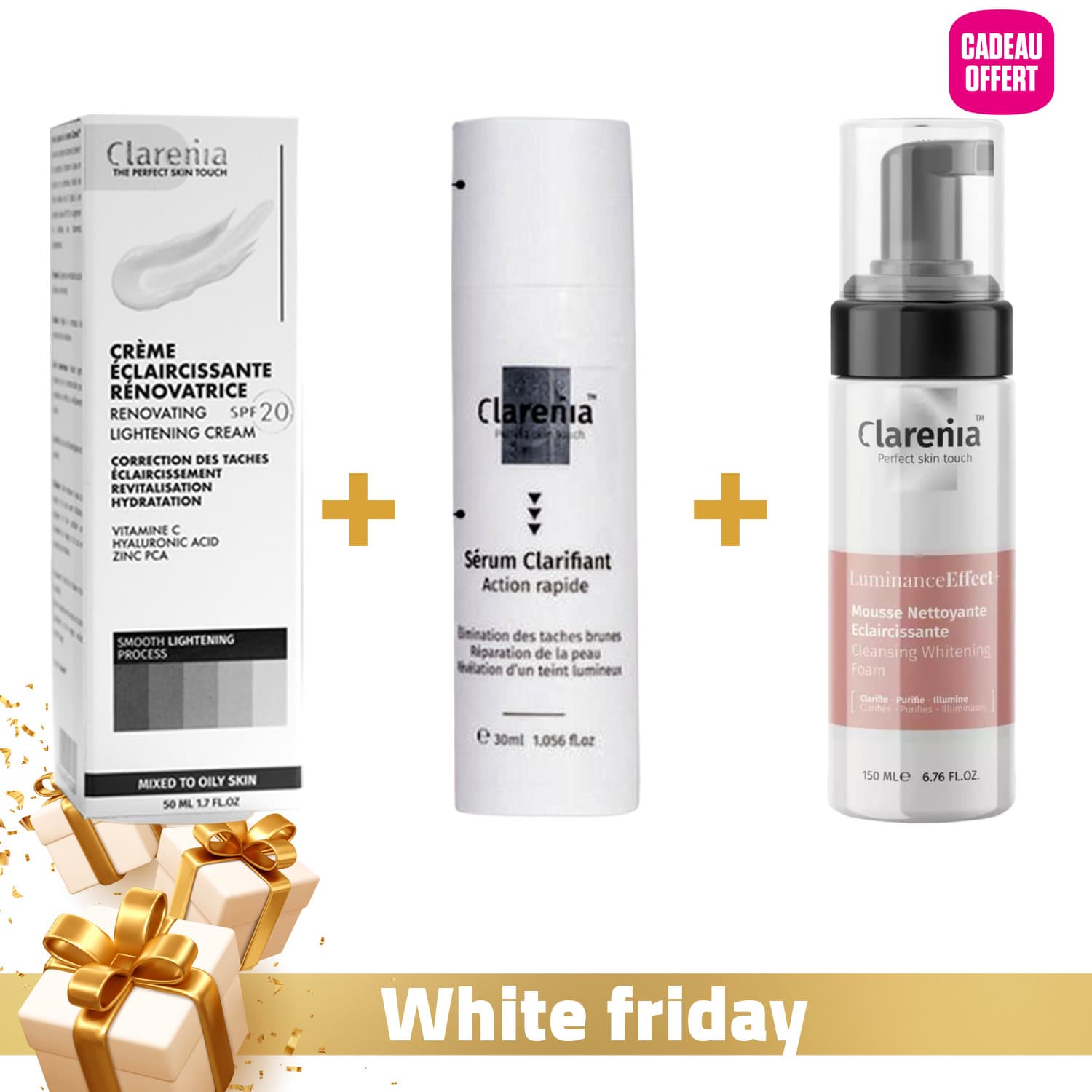 Clarenia Creme Eclaircissante Spf20 Pmg+ 50ml + Serum Clarifiant Action Rapide 30ml + Mousse Nettoyante 150ml (offert)