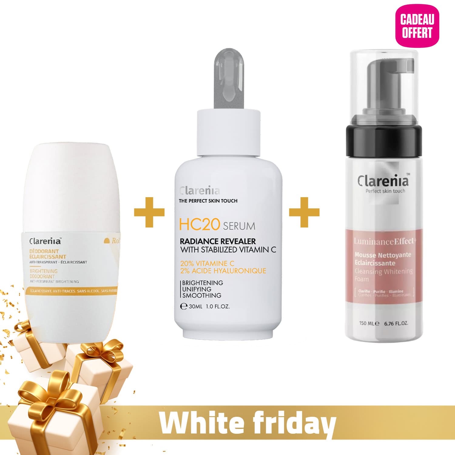 Clarenia Deodorant Eclaircissant 50ml + Hc 20 Serum Booster 30ml + Luminance Effect Mousse Nettoyante Eclaircissante 150ml (offerte)