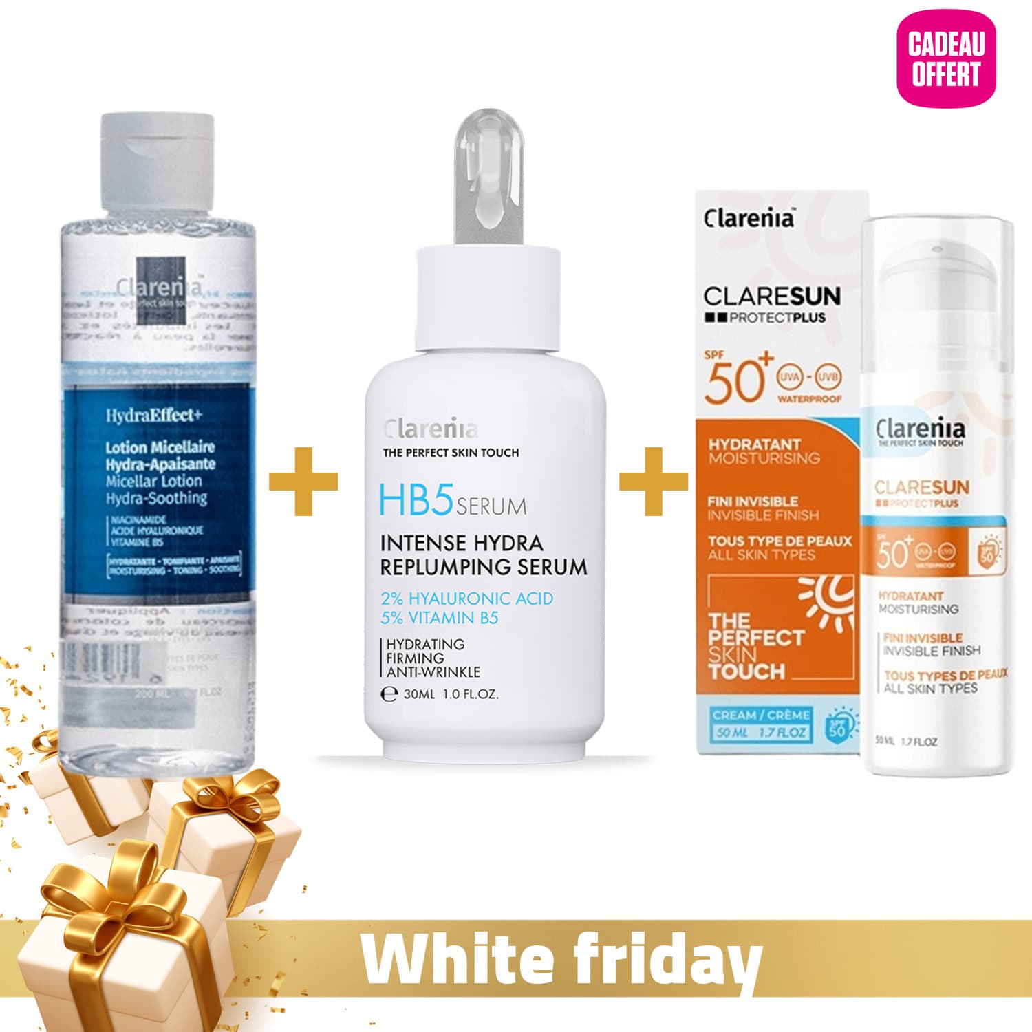Clarenia Hb5 Serum Hydra Repulpant 30ml + Lotion Micellaire Hydra Apaisante 200ml + Ecran Hydratant Invisible Spf50+ 50ml (offert)