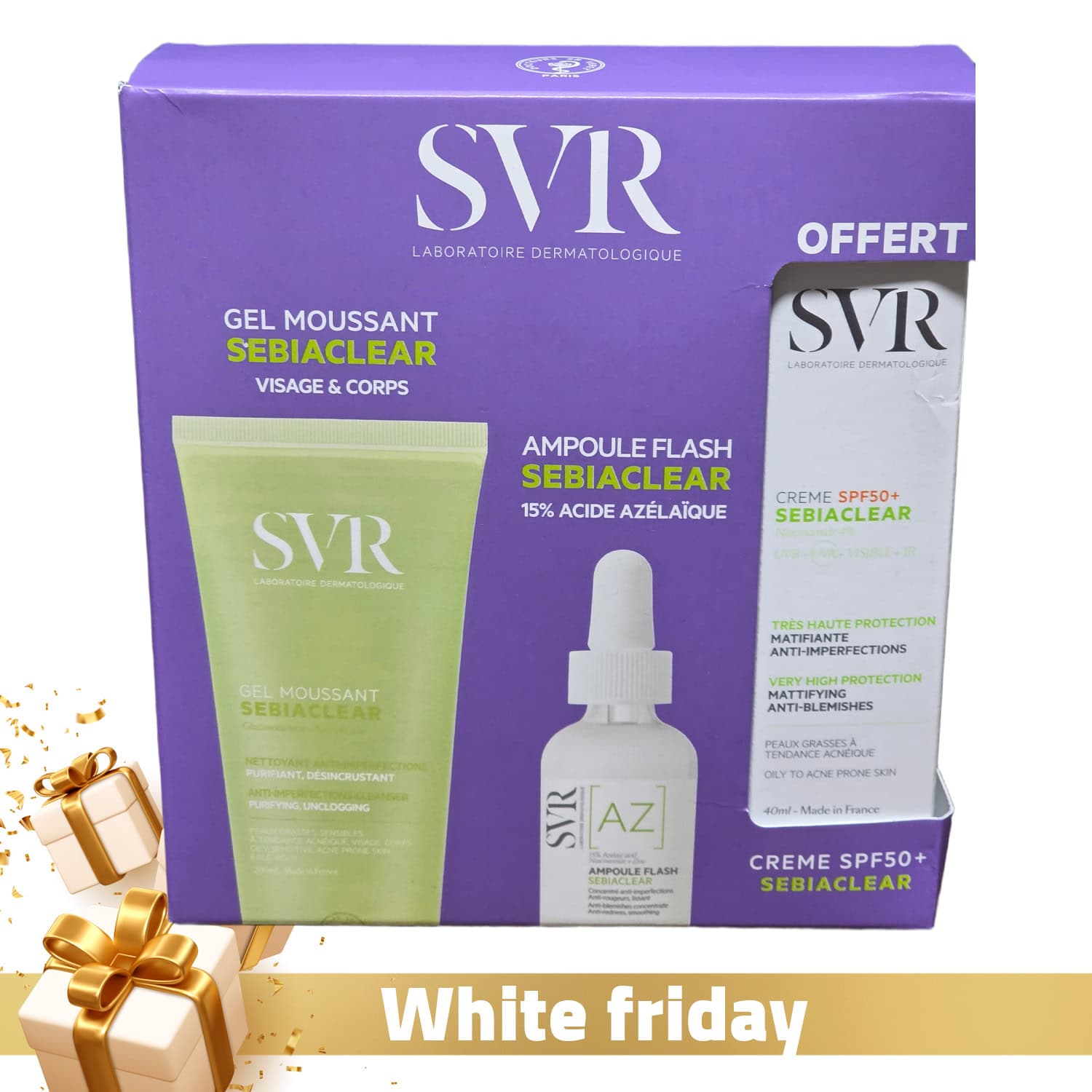 Coffret Sebiaclear (gel Moussant + Ampoule Az) + Creme Solaire Matifiante Spf50 Offerte
