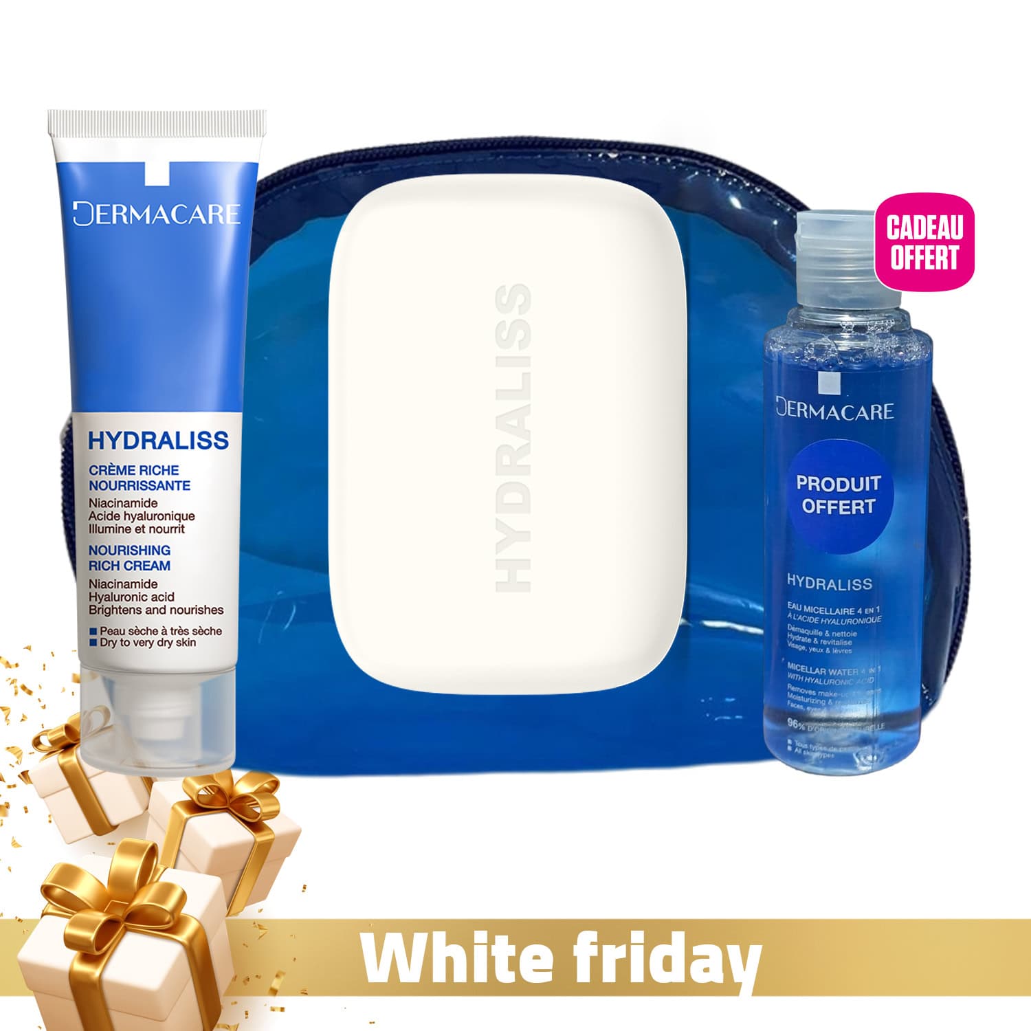 Dermacare Hydraliss – Creme Riche 50ml + Savon Surgras 130g + Eau Micellaire 4en1 A L’acide Hyaluronique 170ml Offerte + Trousse Offerte