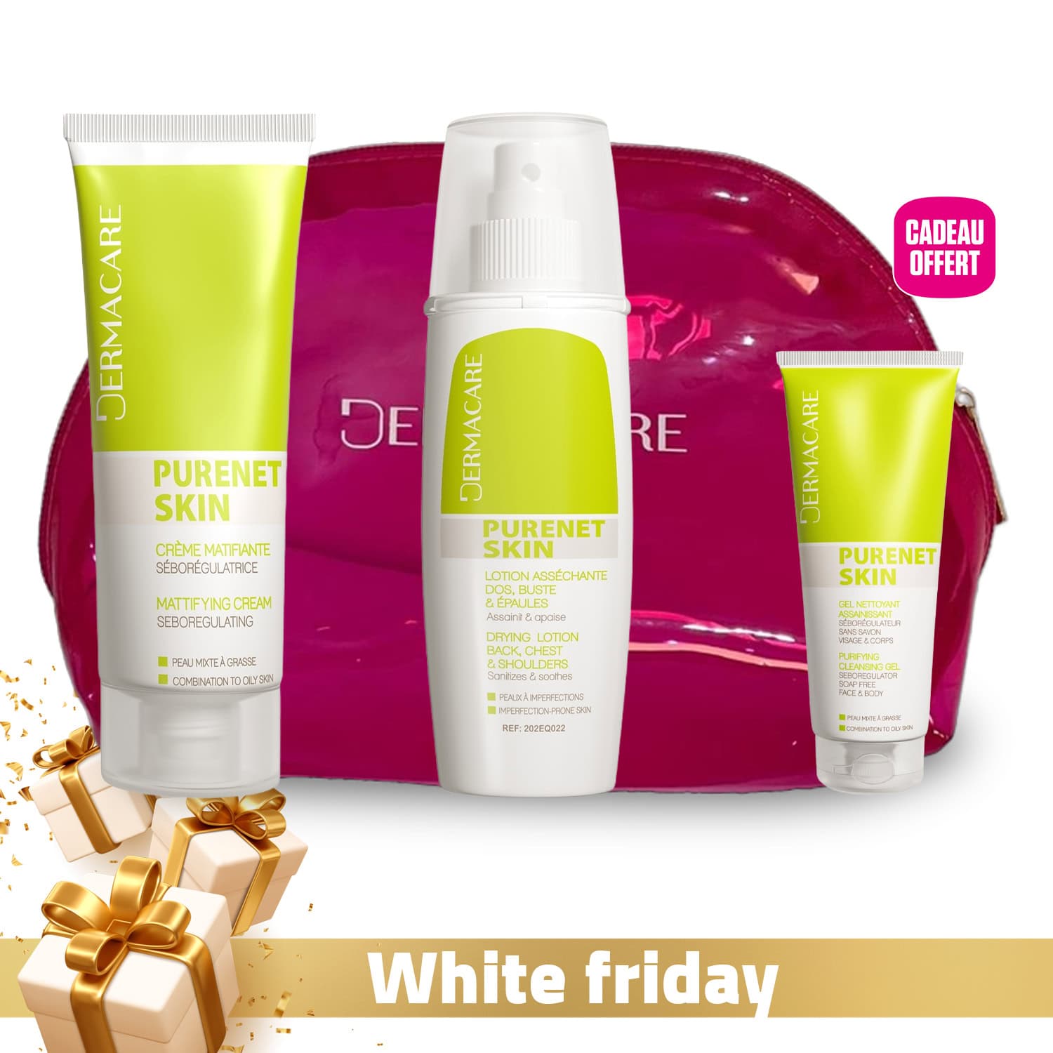 Dermacare Purenet Skin – Creme Matifiante 40ml + Lotion Assechante 100ml + GEL Nettoyant Assainissant 50ml Offert + Trousse Offerte