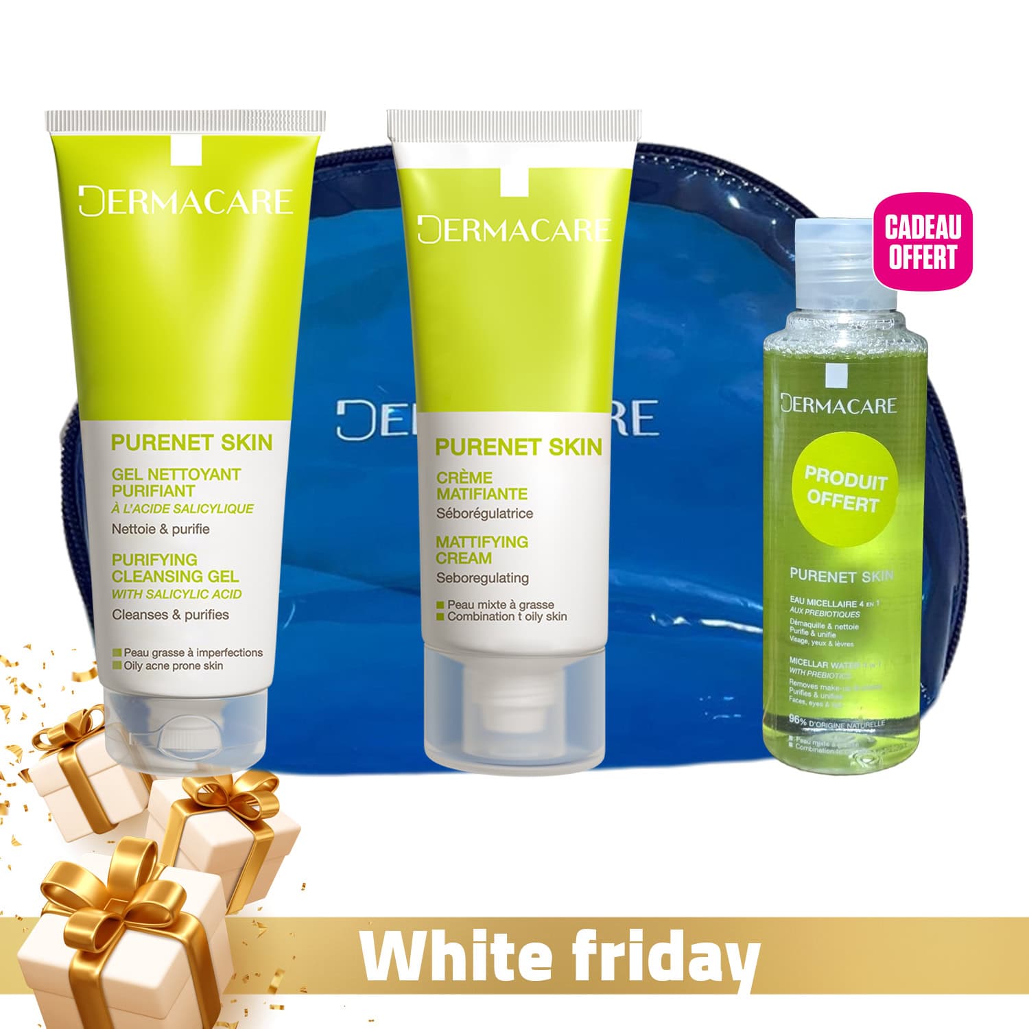 Dermacare Purenet Skin – GEL Nettoyant Assainissant 200ml + Creme Matifiante Seboregulatrice 40ml + Eau Micellaire 170ml Offerte + Trousse Offerte