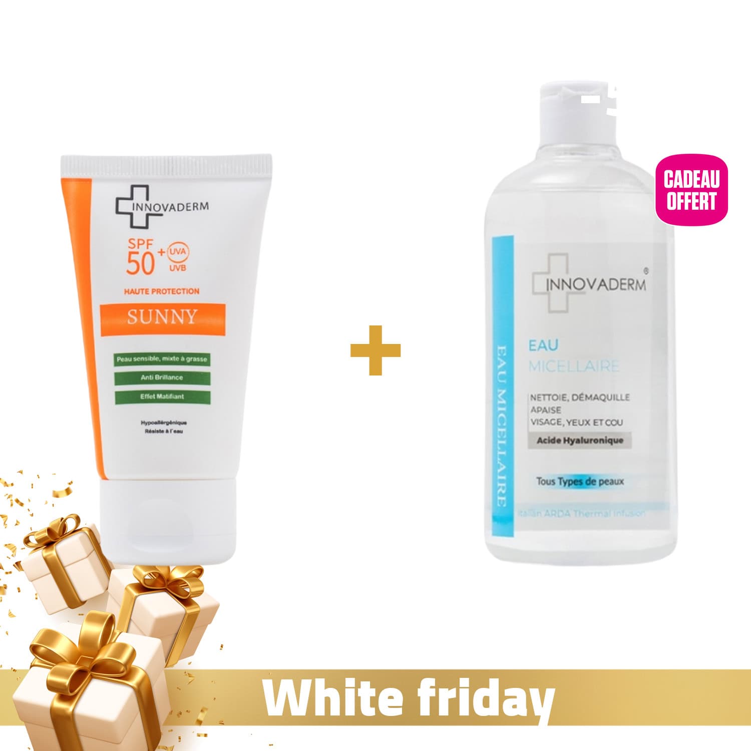 Innovaderm Sunny Anti Brillance SPF 50+ Peau Grasse + Eau Micellaire 400ml Offerte