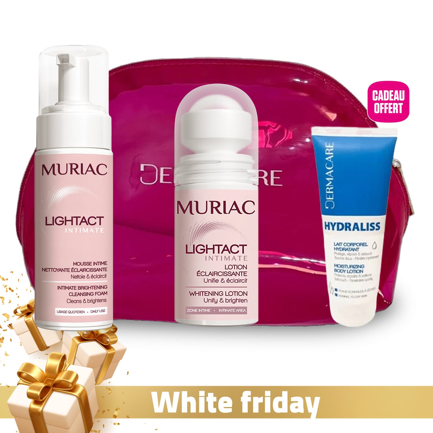 Muriac Intime Corps – Mousse Intime Eclaircissante 150ml + Lotion Intime Roll-on Eclaircissante 50ml + Dermacare Hydraliss Lait Corporel 30ml Offert + Trousse Offerte