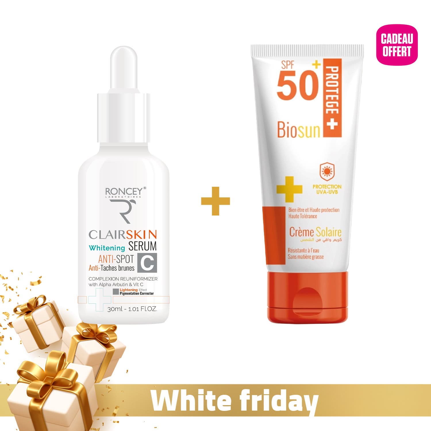 Roncey Clairskin Serum Eclaircissant Anti-taches 30ml + Biosun Ecran Spf50+ 50ml Offert