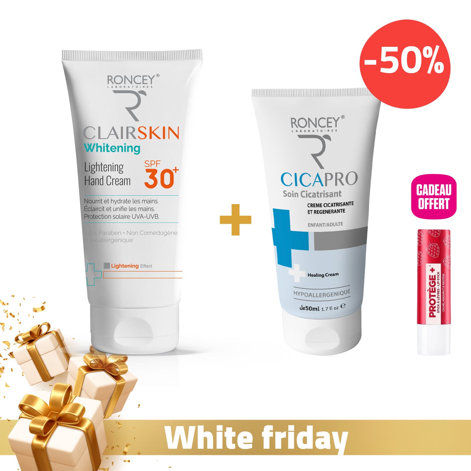 Roncey Creme Mains SPF 30+ + Creme Cicatrisante -50% + Baume Levres Offert