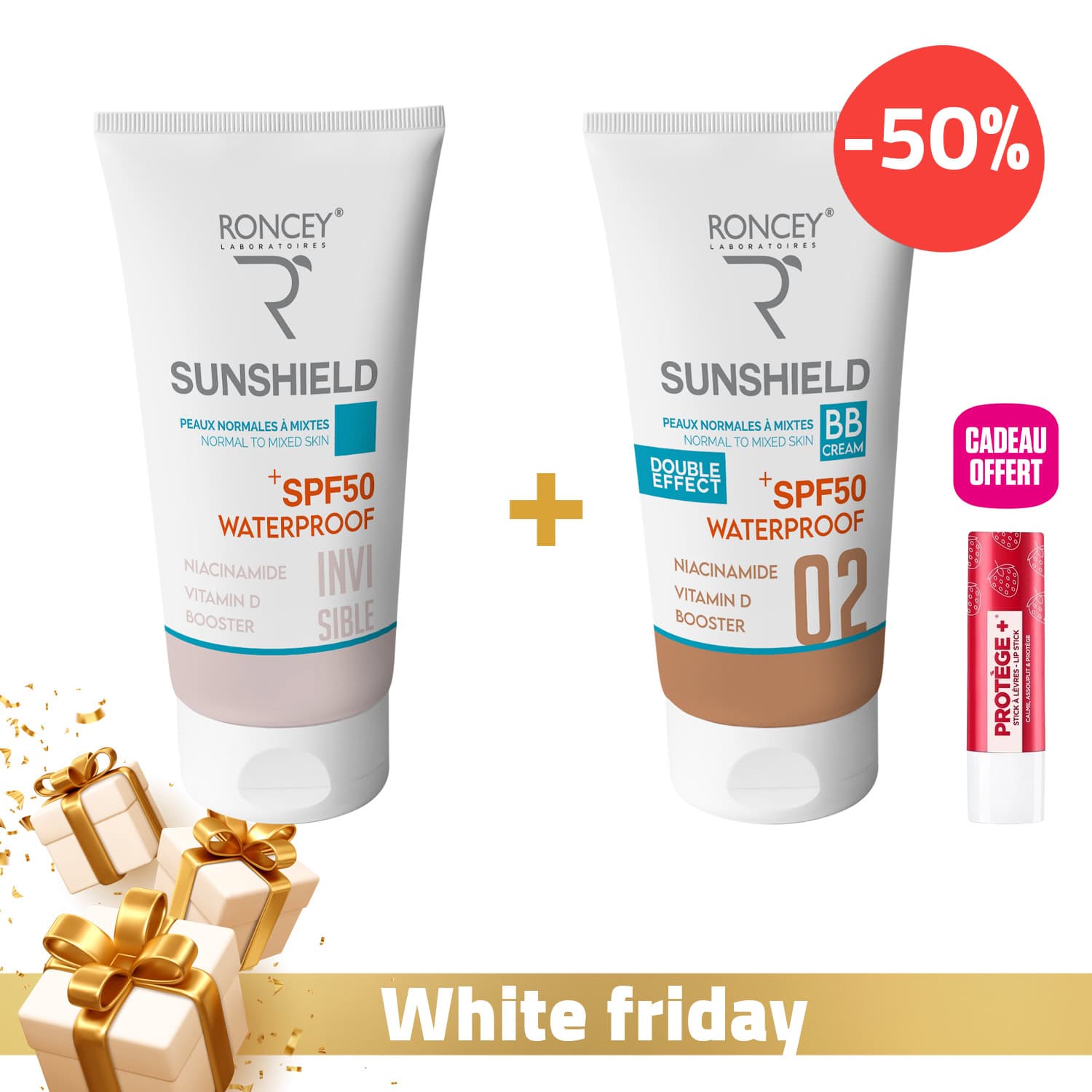 Roncey Ecran Sunshield Waterproof Peau Mixte Spf50+ Invisible 50ml + Roncey Ecran Sunshield Waterproof Peau Mixte Spf50+ Teinte 02 50ml + Baume A Levres Offert