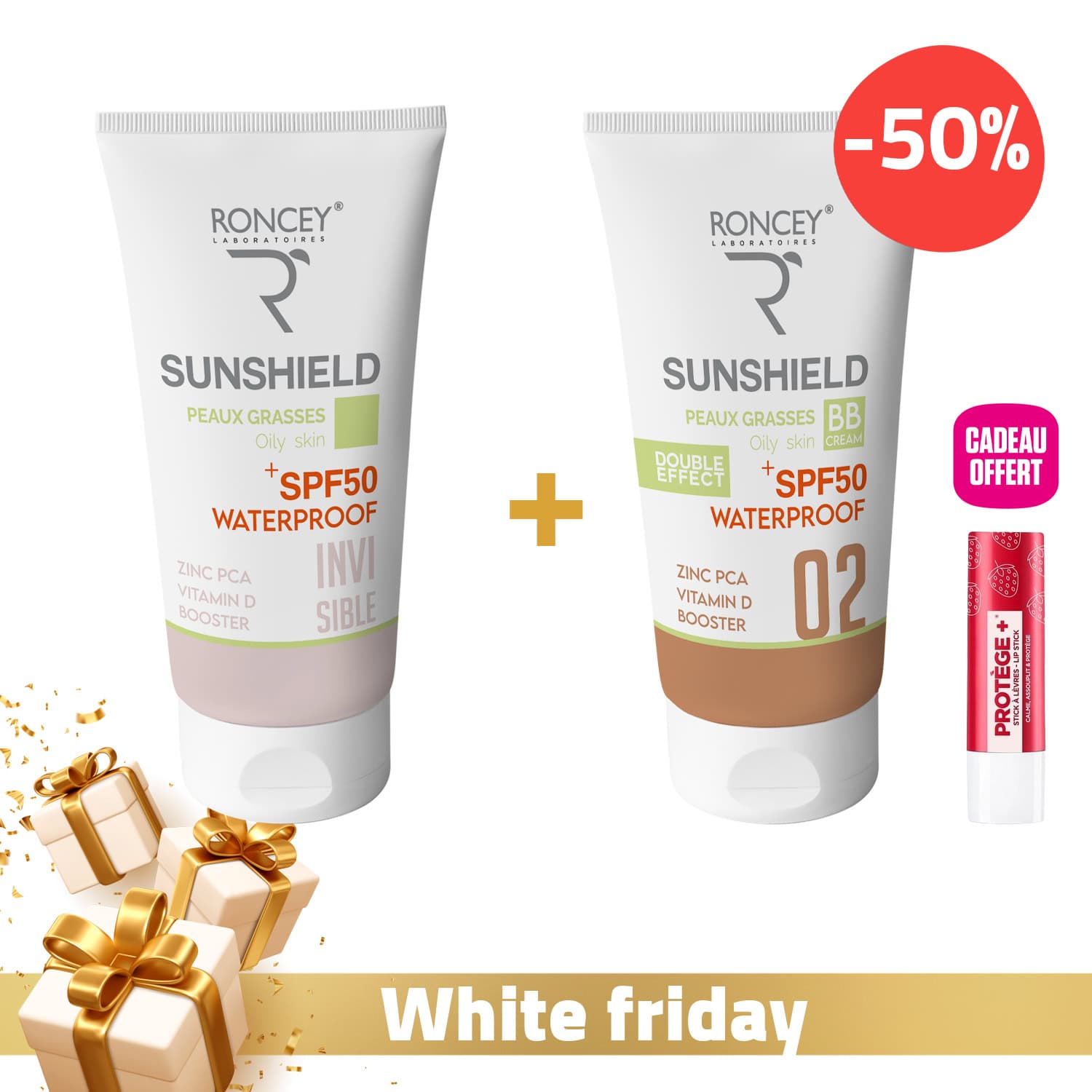Roncey Ecran Sunshield Waterproof Peau Mixte Spf50+ Invisible 50ml + Roncey Ecran Sunshield Waterproof Peau Seche Spf50+ Teinte 02 50ml -50% + Baume A Levres Offert