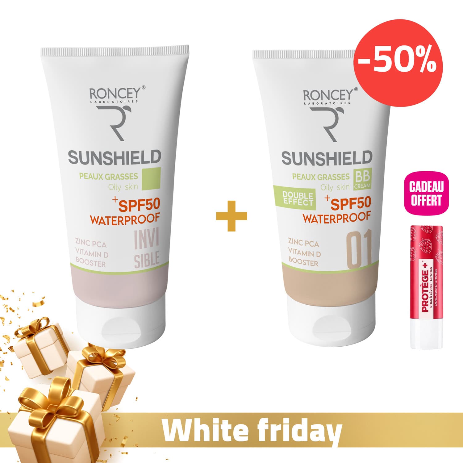 Roncey Ecran Sunshield Waterproof Peau Grasse Spf50+ Invisible 50ml + Roncey Ecran Sunshield Waterproof Spf50+ Teinte 01 Peau Grasse Spf50+50ml -50% + Baume A Levres Offert