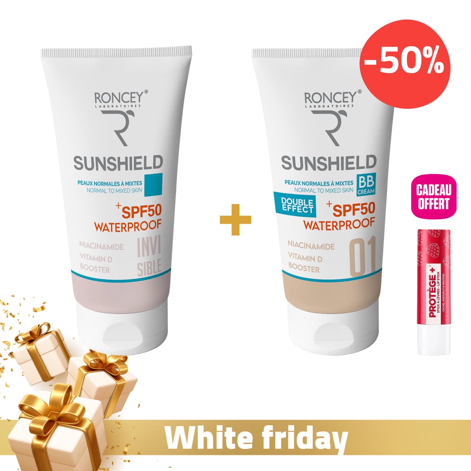 Roncey Ecran Sunshield Waterproof Peau Mixte Spf50+ Invisible 50ml + Roncey Ecran Sunshield Waterproof Spf50+ Teinte 01 Peau Mixte 50ml + Baume A Levres Offert