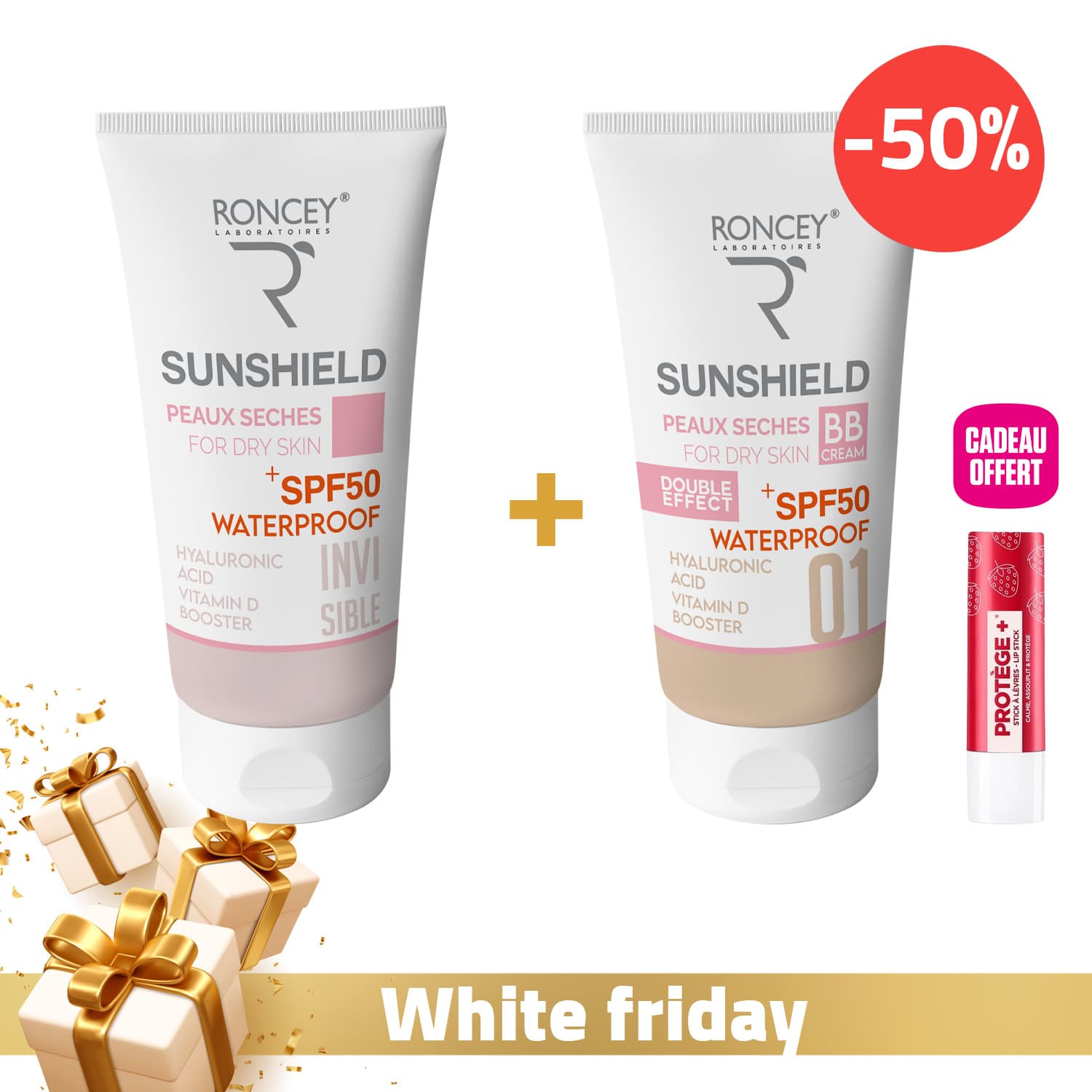 Roncey Ecran Sunshield Waterproof Peau Seche Spf50+ Invisible 50ml + Roncey Ecran Sunshield Waterproof Peau Seche Spf50+ Teinte 01 50ml -50% + Baume A Levres Offert