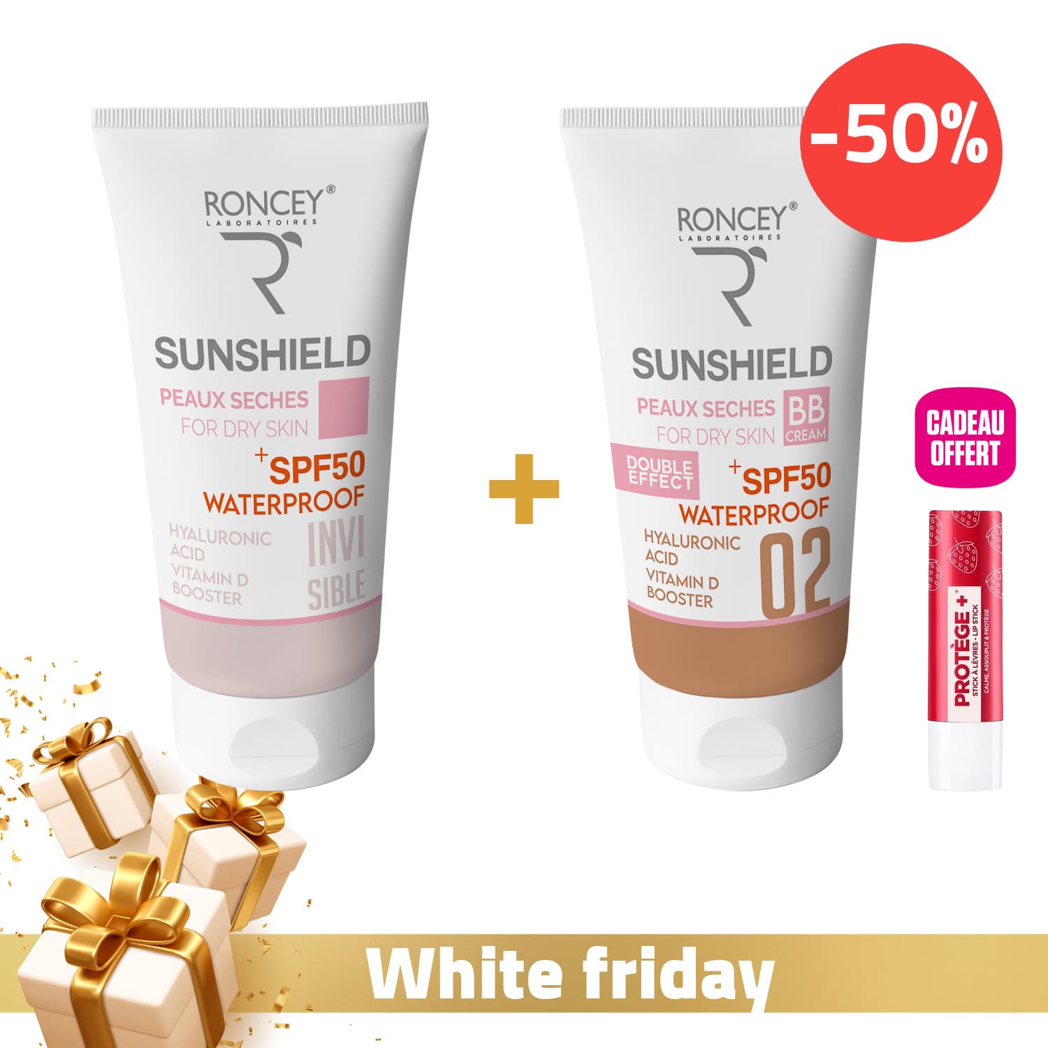 Roncey Ecran Sunshield Waterproof Peau Seche Spf50+ Invisible 50ml + Roncey Ecran Sunshield Waterproof Peau Seche Spf50+ Teinte 02 50ml + Baume A Levres Offert