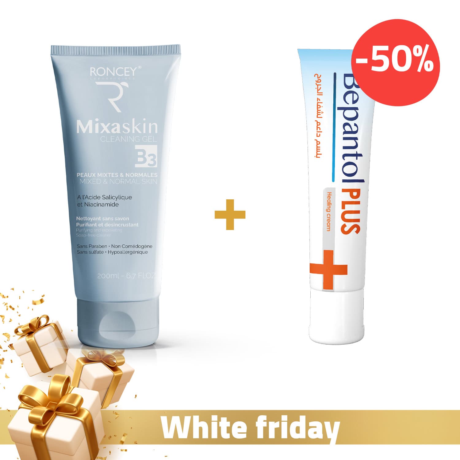 Roncey Mixaskin GEL Nettoyant Peau Mixte 200ml + Bepantol Plus Creme Cicatrisante 30g Offerte