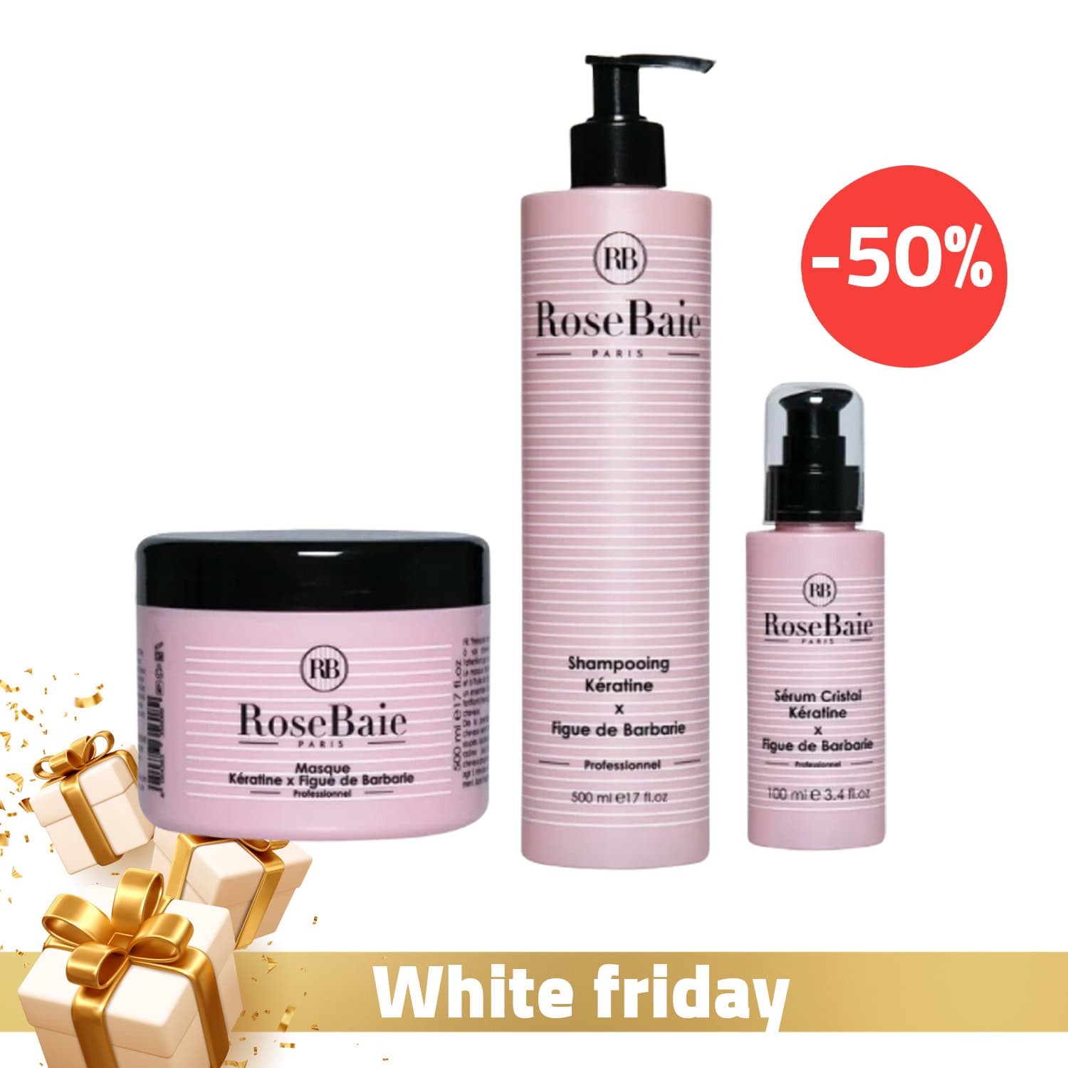 Rosebaie Shampoing A La Keratine Et A L’huile De Figue De Barbarie 500ml + Rosebaie Masque A La Keratine Et A L’huile De Figue De Barbarie 500ml + Rosebaie Serum Protecteur A L’huile De Figue De Barbarie Et Keratine 100ml (-50 %)