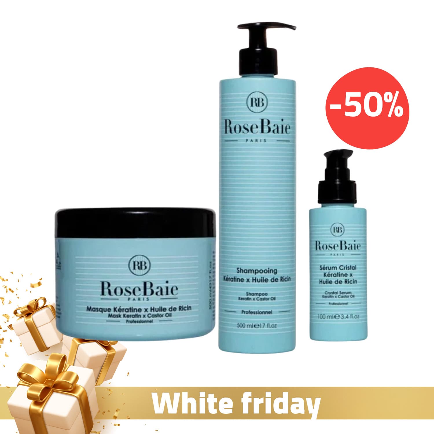 Rosebaie Shampoing A La Keratine Et A L’huile De Ricin 500ml + Rosebaie Masque A La Keratine Et A L’huile De Ricin 500ml + Rosebaie Serum Cristal Professionnel A L’huile De Ricin 100ml (-50 %)