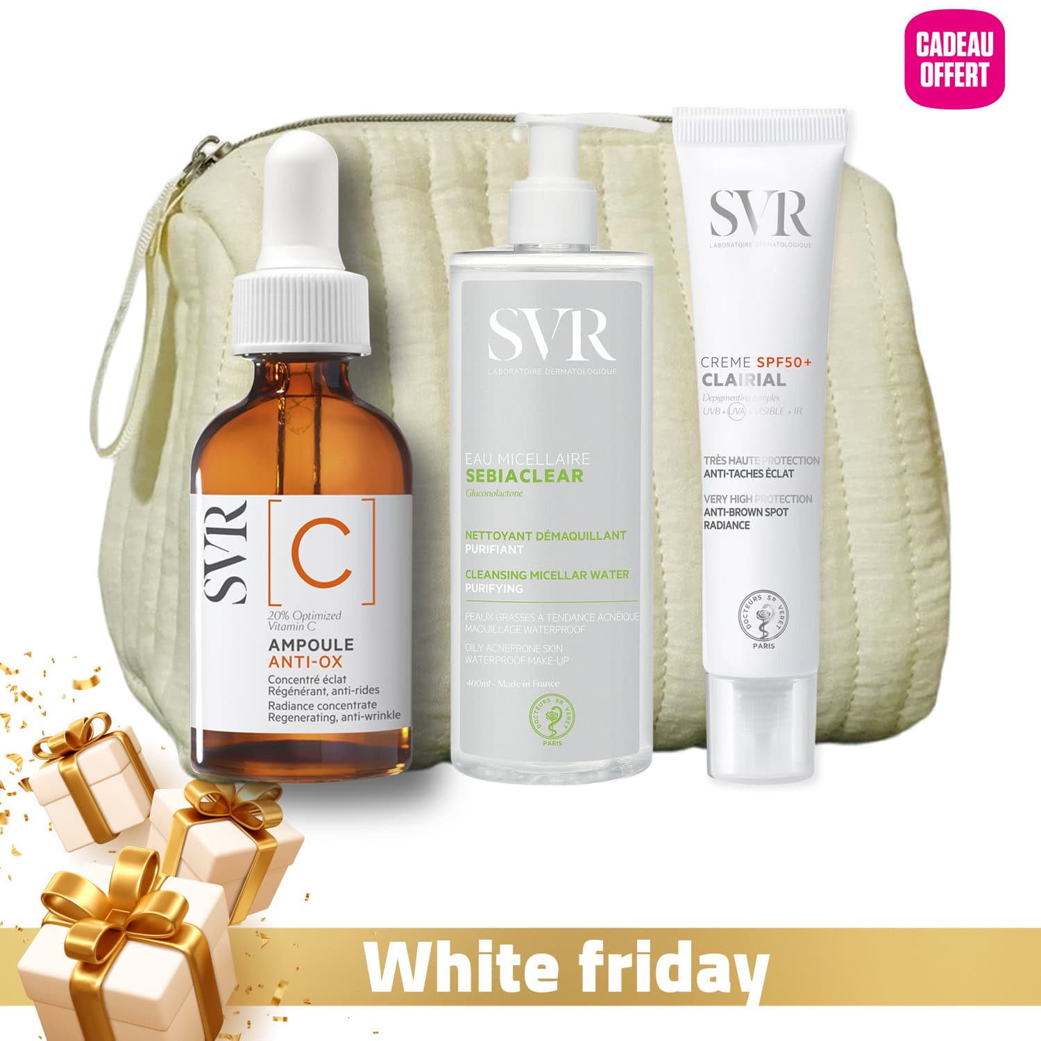 Routine Nadine – SVR Sebiaclear Eau Micellaire 400ml + SVR Ampoule C Anti-ox 30ml + (svr Clairial Creme Solaire Anti-taches Spf50+ 40ml + Trousse) Offerts
