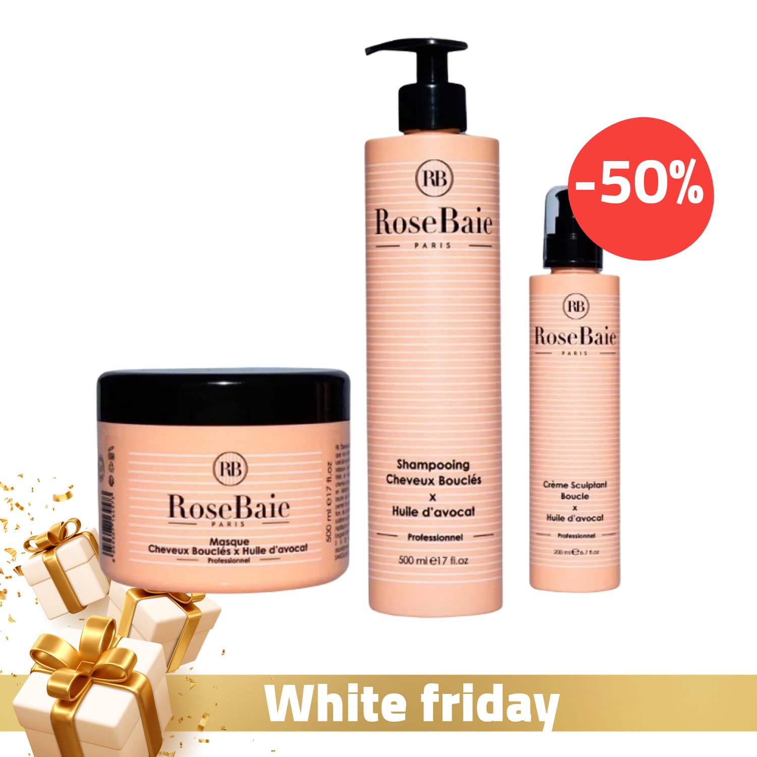 Rosebaie Shampoing A La Keratine Et A L’huile D’avocat 500ml + Masque A La Keratine Et A L’huile D’avocat 500ml + Creme Hydratante Cheveux Boucles X Huile D’avocat 200ml (-50 %)